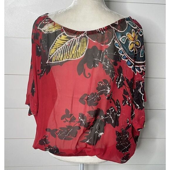 Chico’s Silk Top Blouse Size S M Short Sleeve Sheer Beads Banded Elastic Bottom - Picture 6 of 8